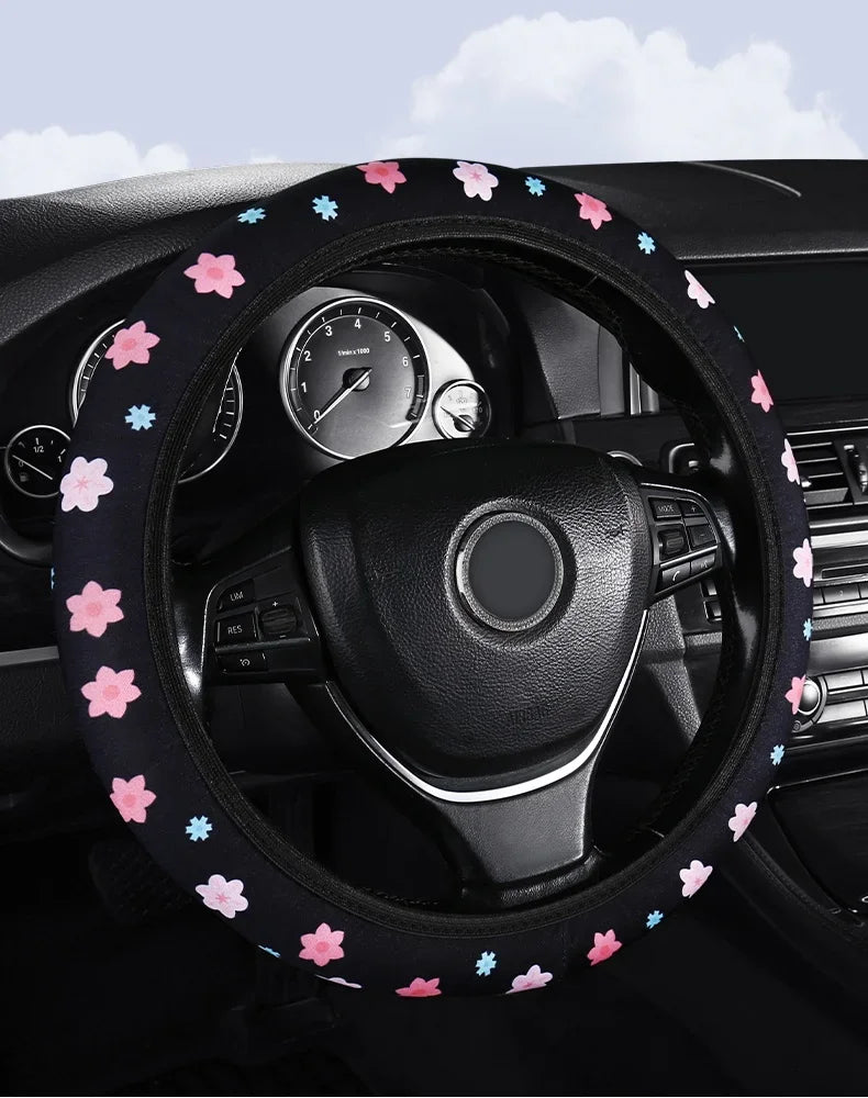 Flannelette Steering Wheel Cover Floral Print Anti-Slip close-up view