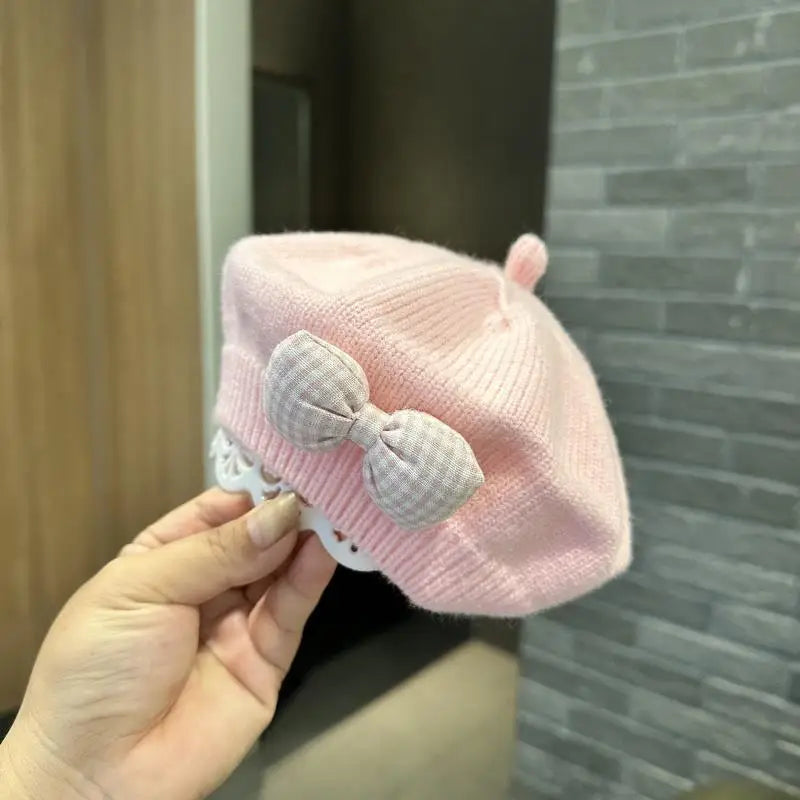 Kids Knitted Beret with Bow | Winter Hat for Baby Girls and Toddlers close-up view
