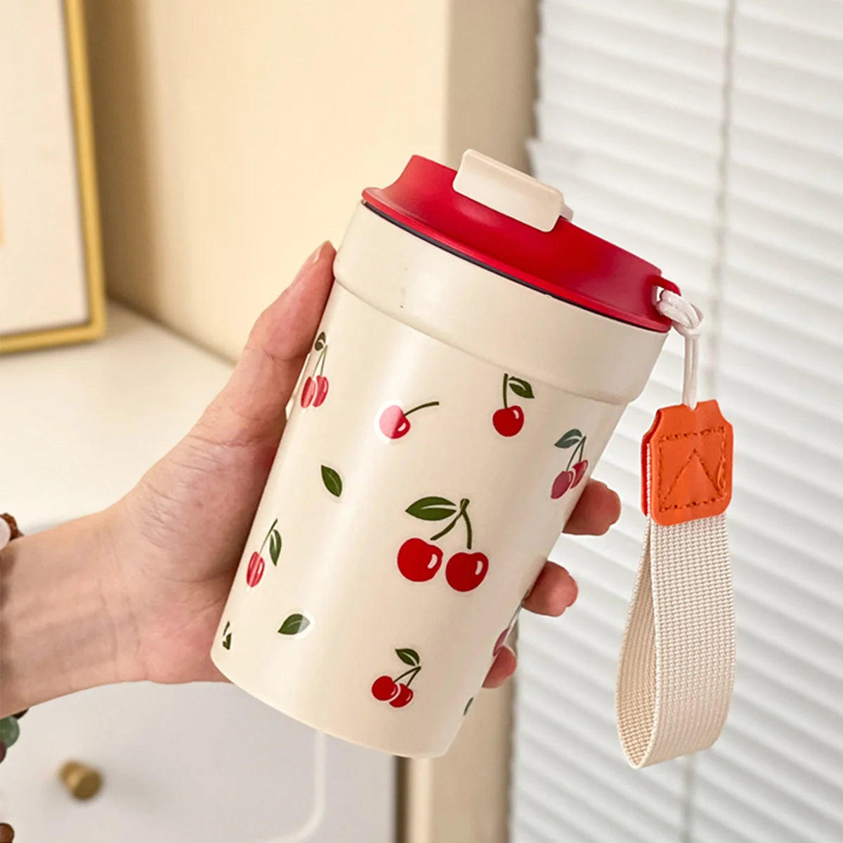 350/400ML Plastic Coffee Mug With Cherry Pattern Travel Portable Water Bottle Tumbler Se detail view