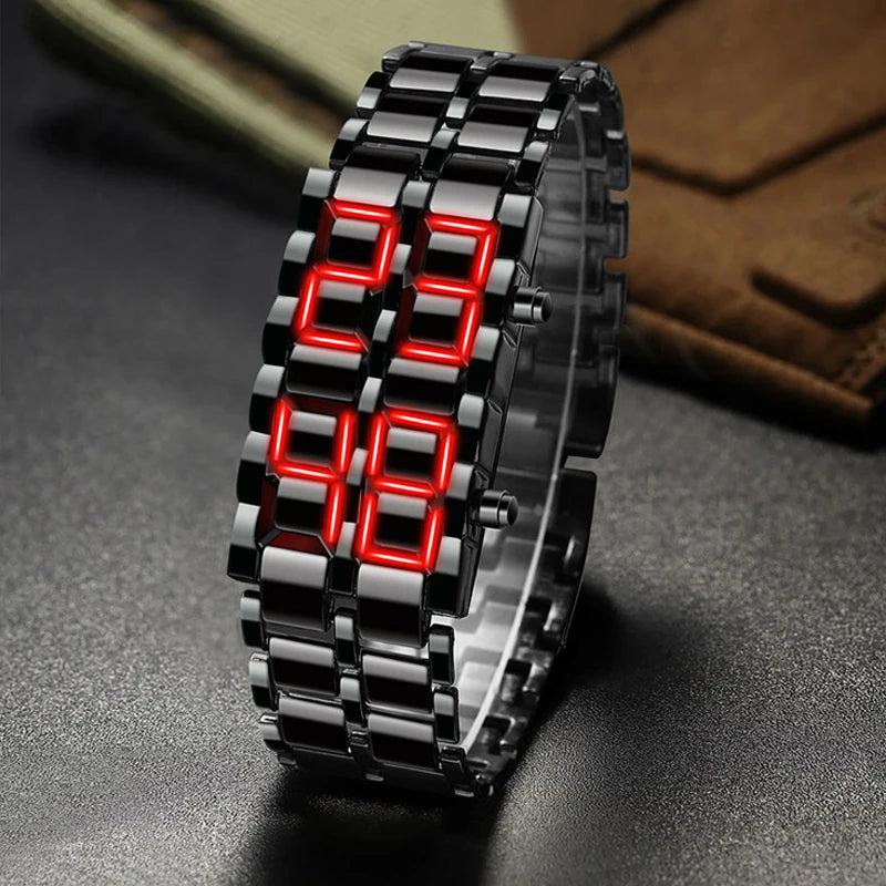 Fashion Mens Digital Lava Wrist Watch Men Black Full Metal Red Blue LED Display Watches Gifts for Ma