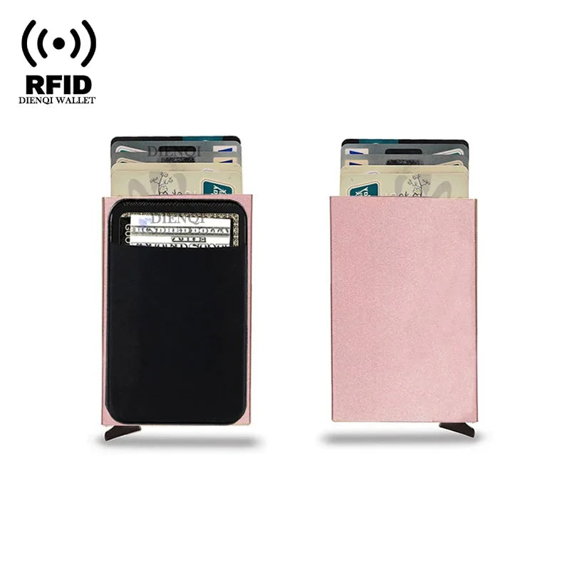 DIENQI RFID Credit Card Holder | Slim Pop-Up Metal Wallet close-up view