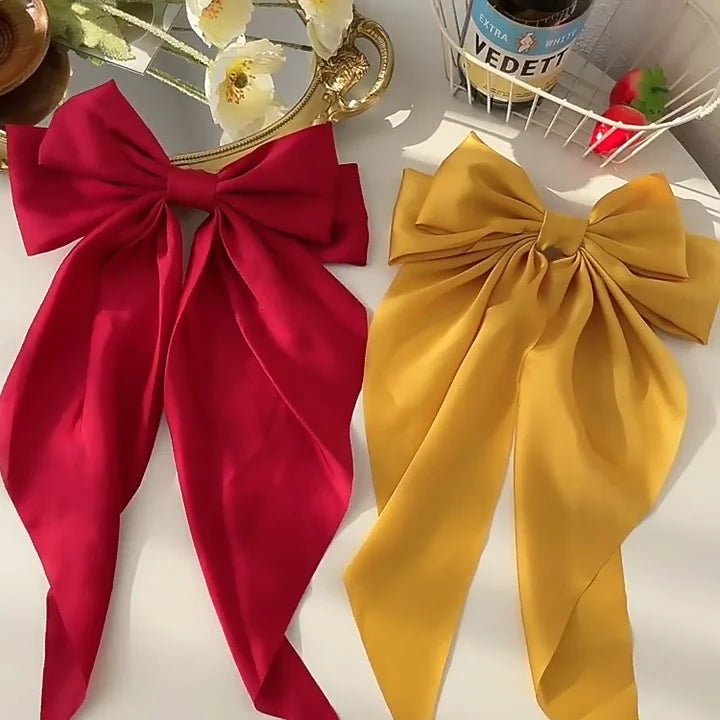 Korean Accessories Hair Clips for Women Girls Big Bowknot Solid Satin Long Ribbon Bow lifestyle view