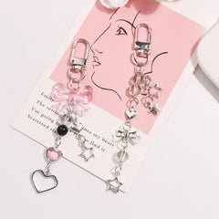 Goth Y2K Phone Charm Pink Silve Bow Heart Star Keychain Pendant Key Chain Bag Phone Ch close-up view