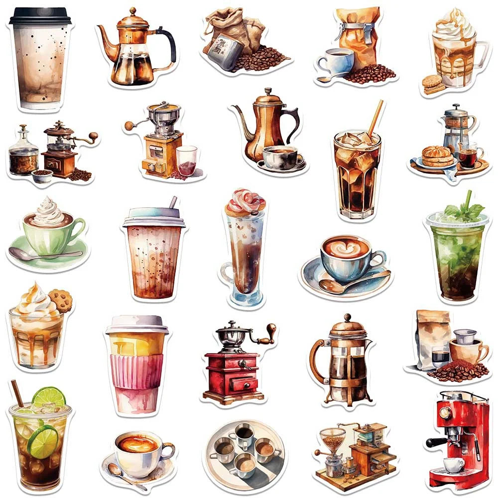 50 Cartoon Coffee Themed Stickers | Waterproof Decals for Laptops Helmets and Gear detail view