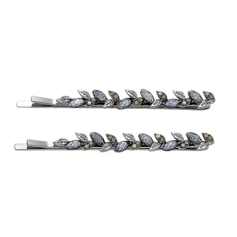 2Pcs/set Rhinestone Glaze Leaf Hairpin Cute and Sweet Women's Foredead Bangs Side Clip Metal One-word Clip Hair Accessories