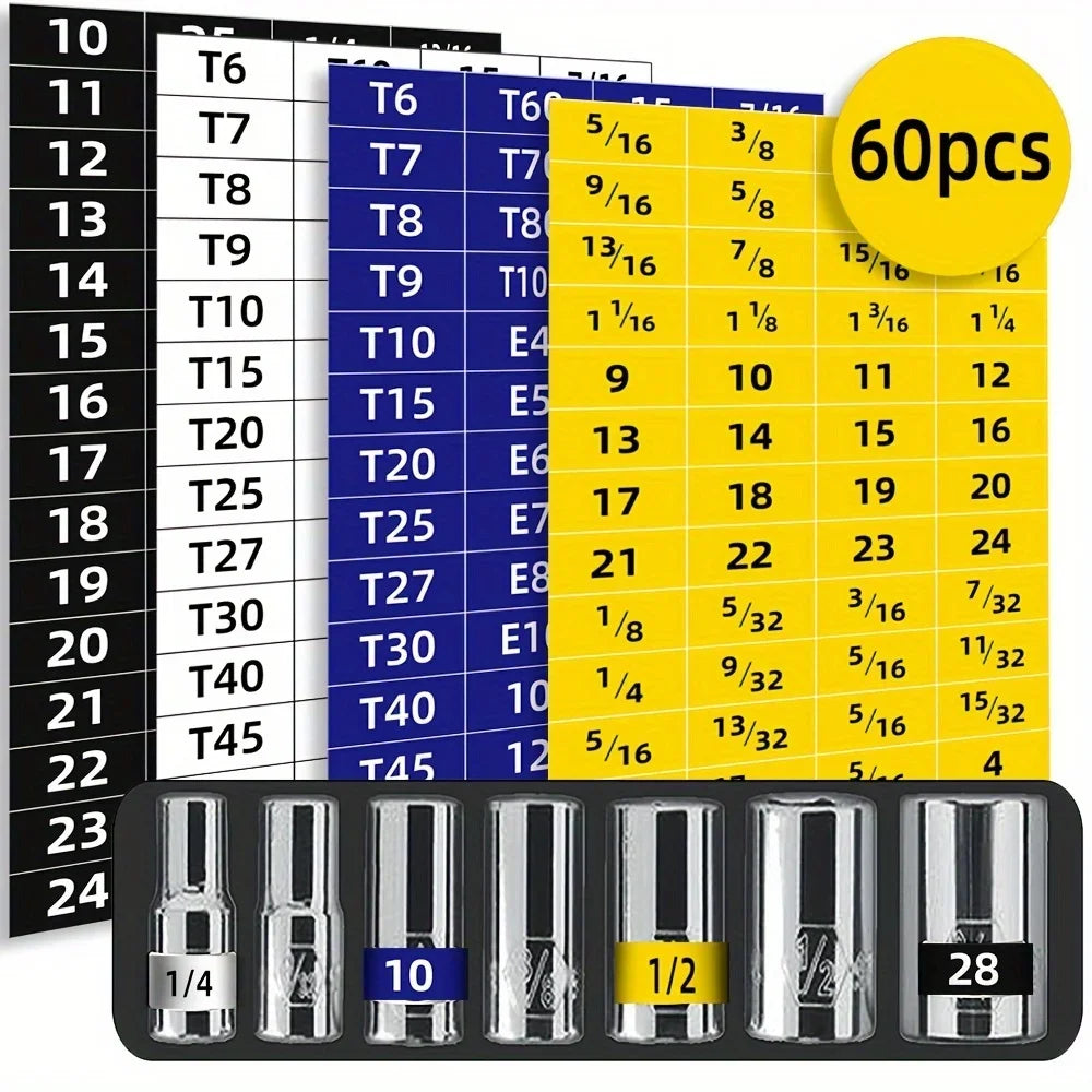 60pcs Mechanical Drive Socket Label Stickers | Quick and Easy Reminder Toolbox Decals alternate view