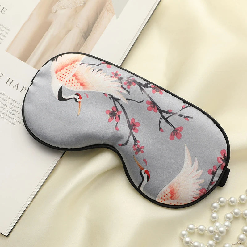 Imitated Silk Sleeping Eye Mask with Crane Print | Adjustable Blindfold for Travel additional angle