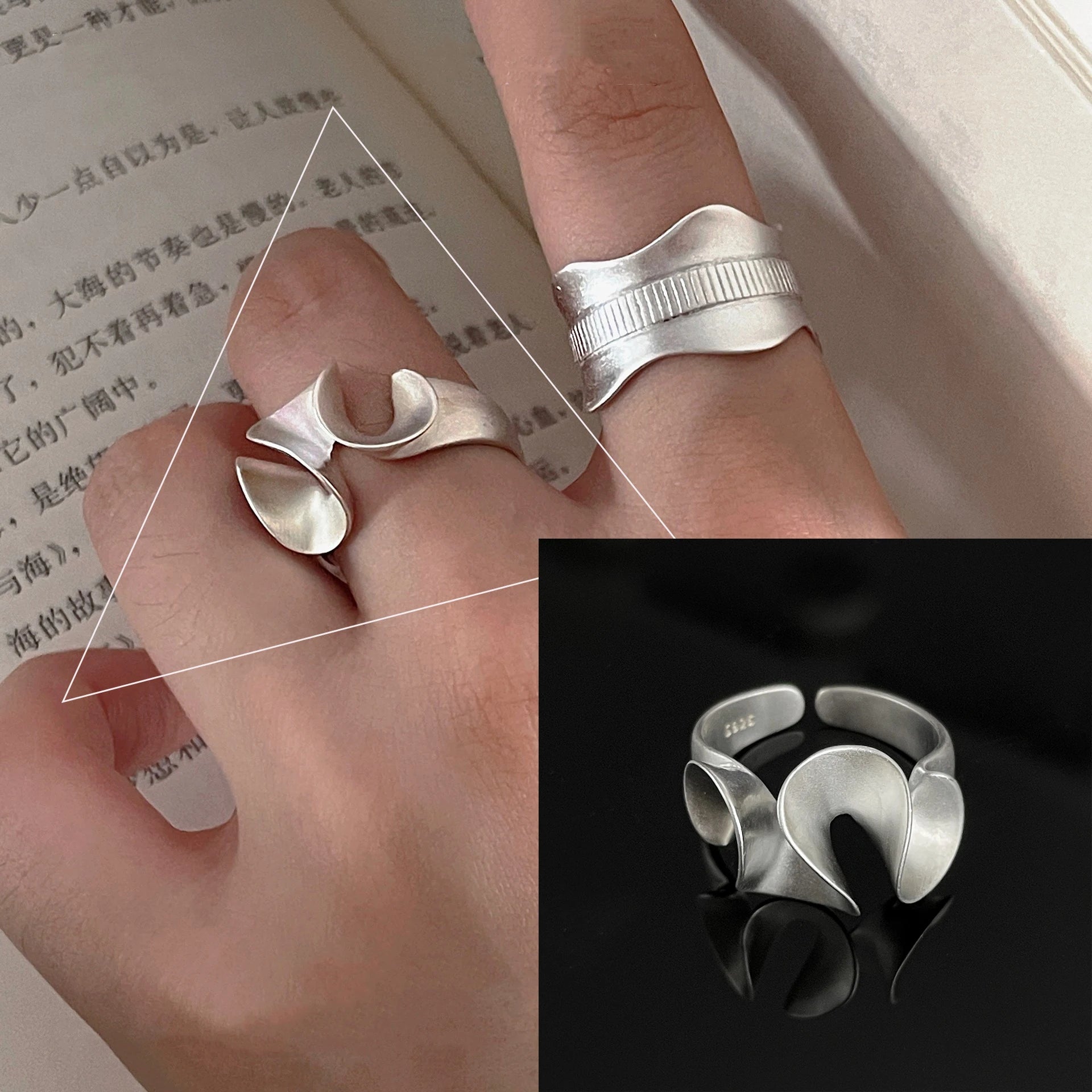 VENTFILLE 925 Sterling Silber gewölbter, breiter geometrischer Punk-Ring | Asymmetrischer Cocktail-Schmuck