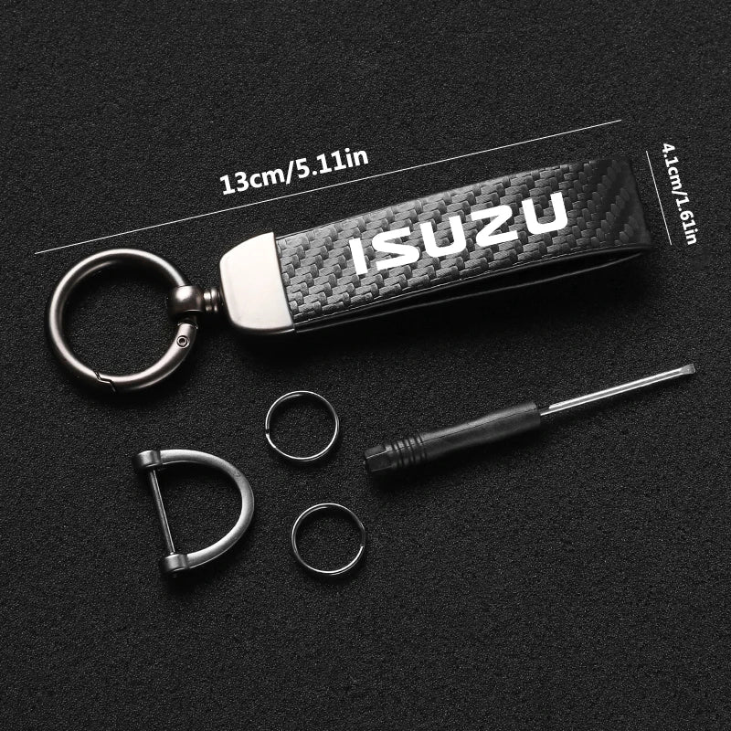 Isuzu Dmax Keychain with Microfiber Leather | Carbon Fiber Style Key Ring lifestyle view