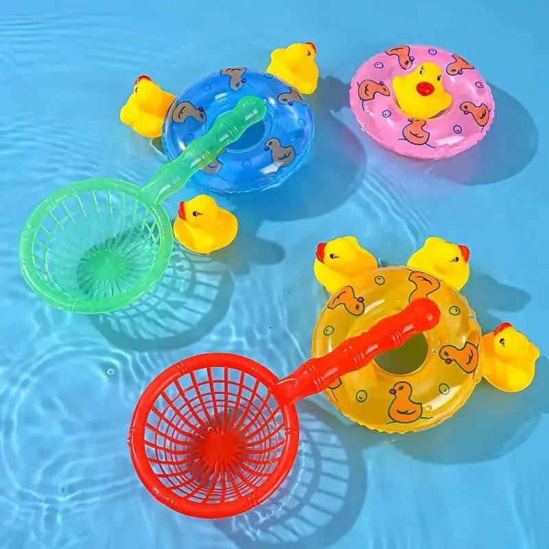 Kids Floating Bath Toys Mini Swimming Rings Rubber Yellow Ducks Fishing Net Washing S alternate view