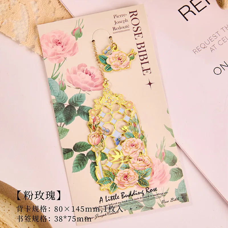 Retro Metal Aesthetic Rose Bookmark Pendant Chinese Style Floral Painting Bookmark Stu close-up view