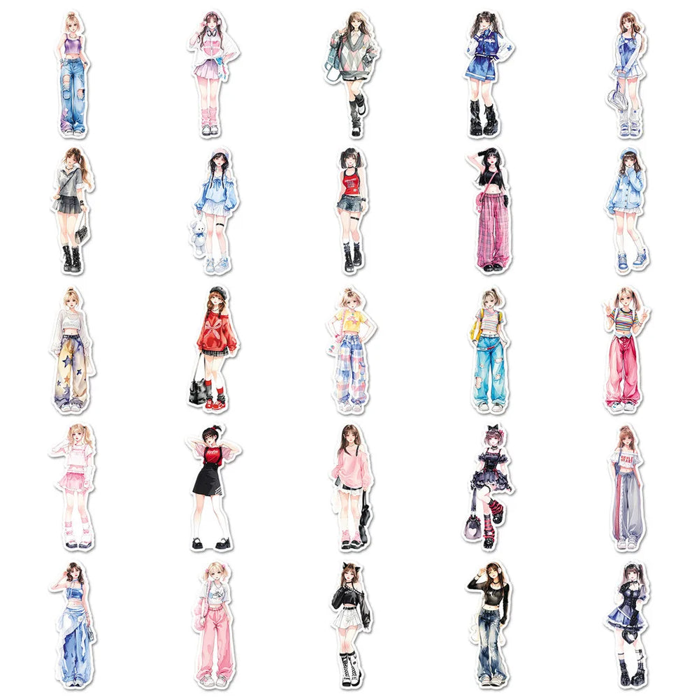 50PCS Unique Fashion Sticker Set - Trendy Clothing Matching Cartoon Decals for Scra additional angle