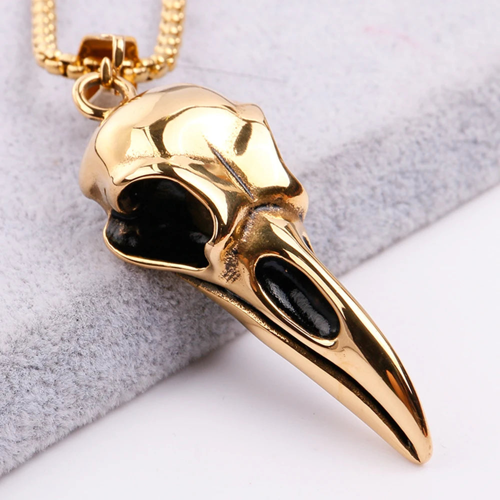 Viking Crow Skull Pendant Necklace | Stainless Steel Punk Jewelry for Men and Women detail view