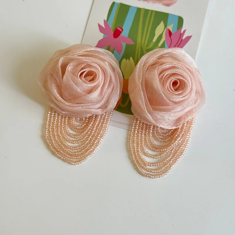 Fairy Mesh Rose Drop Earrings | Handmade Boho Tassel Jewelry lifestyle view