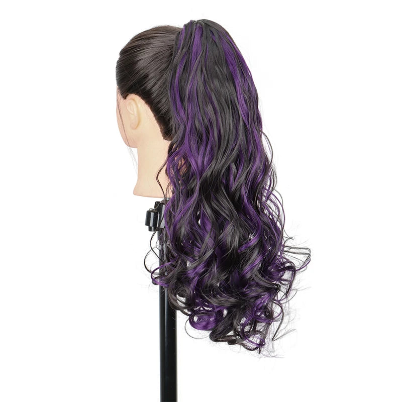 Synthetic 20Inch Long Curly Ponytail Claw Clip in Hair Extension Mixed Red Purple Hairpi detail view