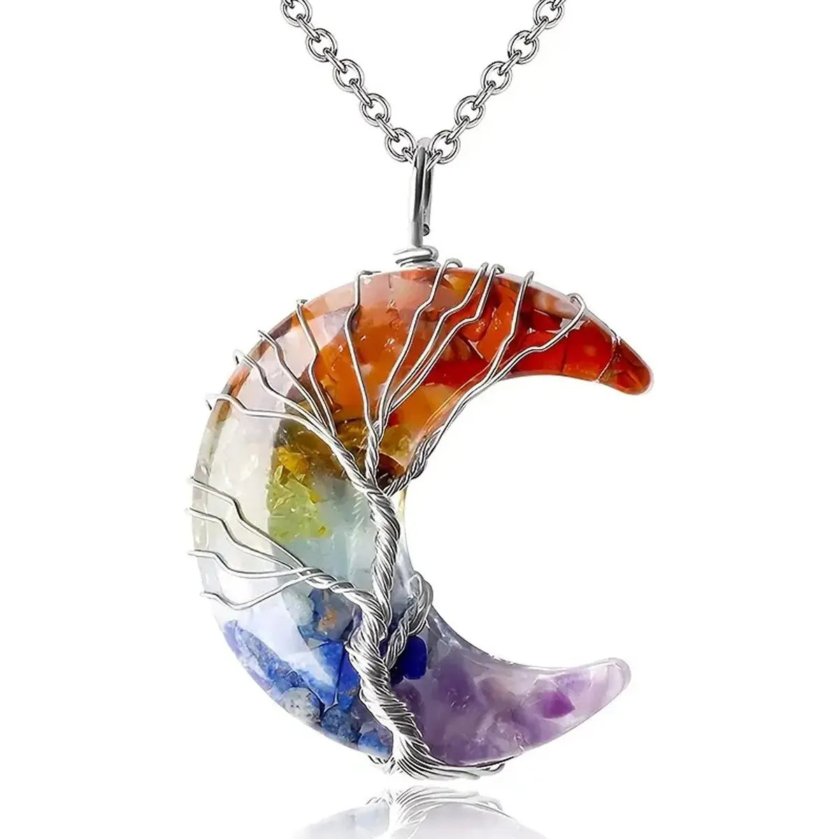 Tree of Life Necklace Wire Wrapped Crescent Moon Stone Pendant Necklaces 7 Chakra Healin detail view