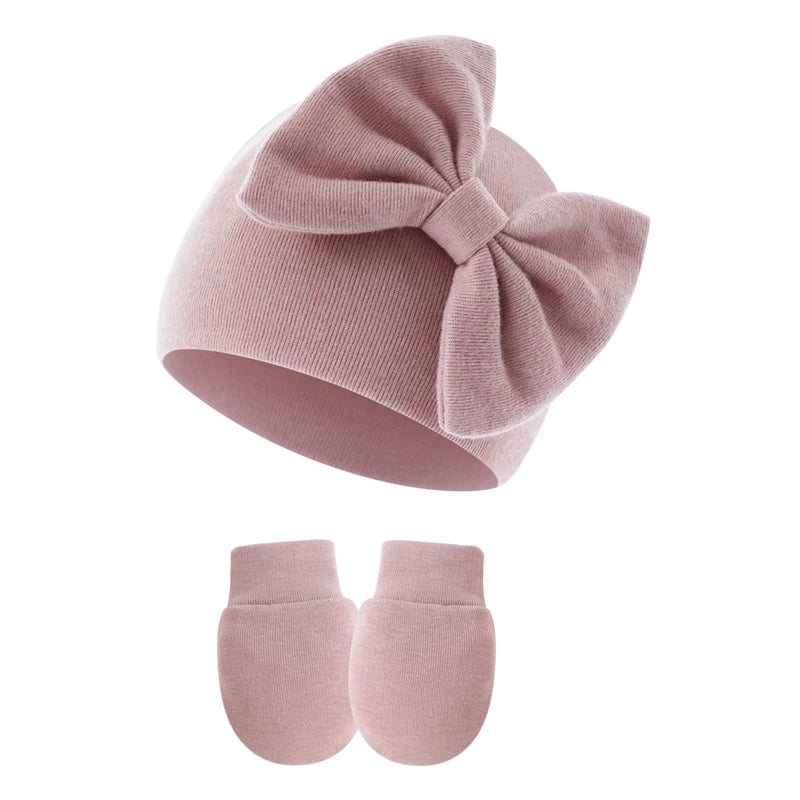 2Pcs Baby Girl Hat and Gloves Set | Newborn Princess Beanie with Big Bow for 0-6 Mont alternate view