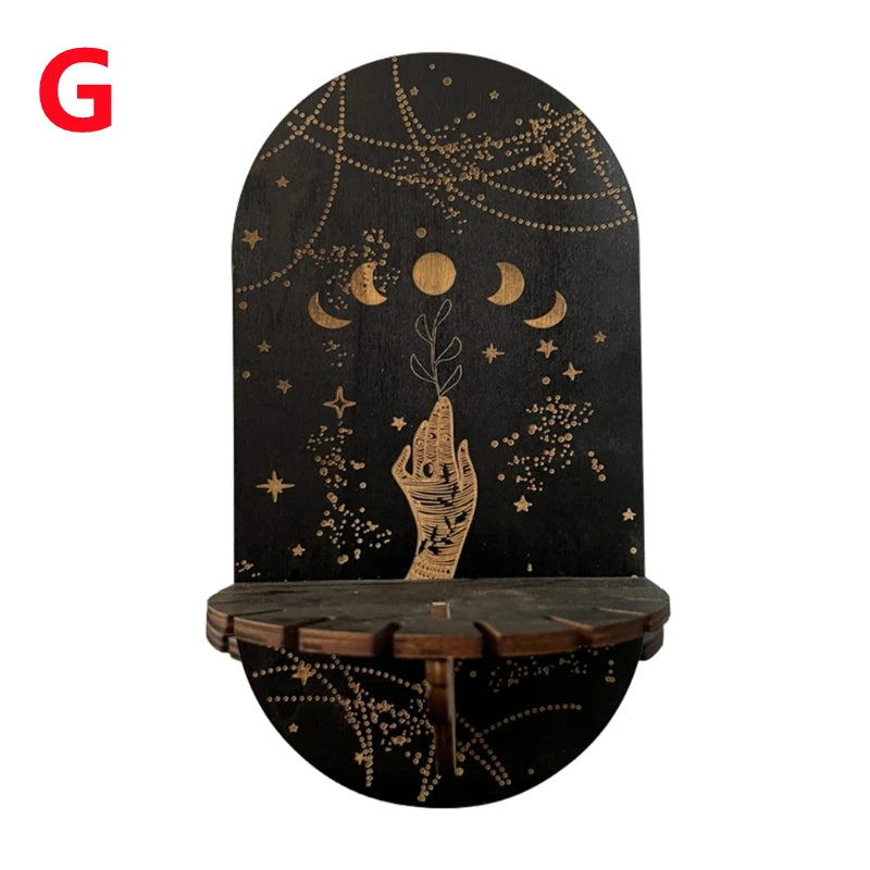 Wooden Crystal Shelf Display Stand | Bohemian Wall Rack for Stones and Jewelry close-up view