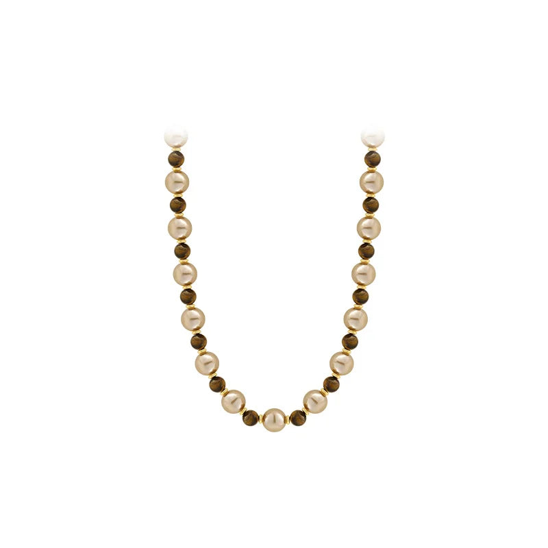 Warm Tiger's Eye Pearl Bead Necklace | Classic Sweater Chain Jewelry additional angle