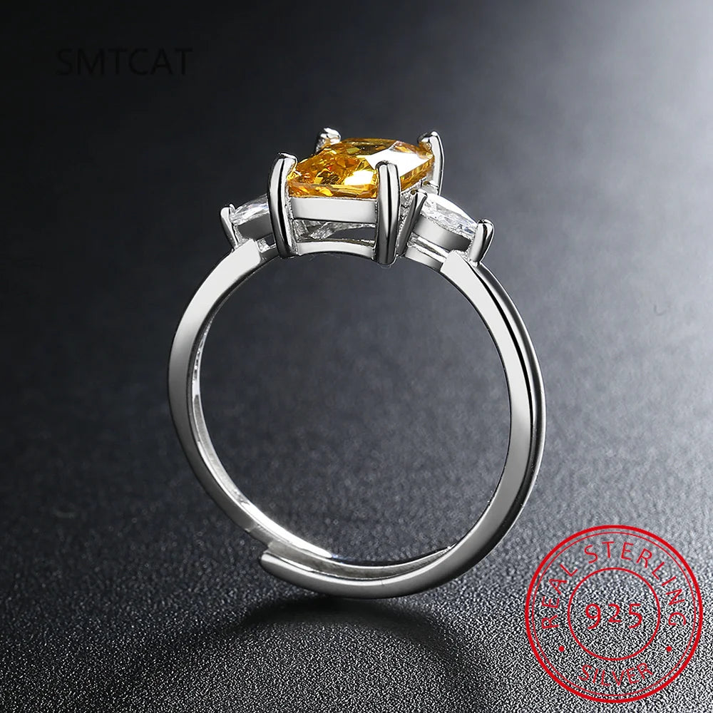 Emerald Cut Natural Yellow Citrine 925 Sterling Silver 3 Stone Ring for Women Rectangle detail view