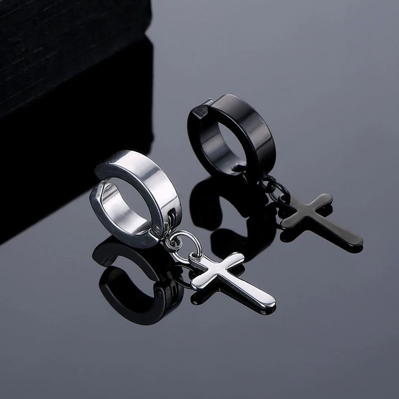 1/16 Pairs Magnetic Stud Earrings Men Stainless Steel Non-Piercing Cross Dangle Hoop lifestyle view
