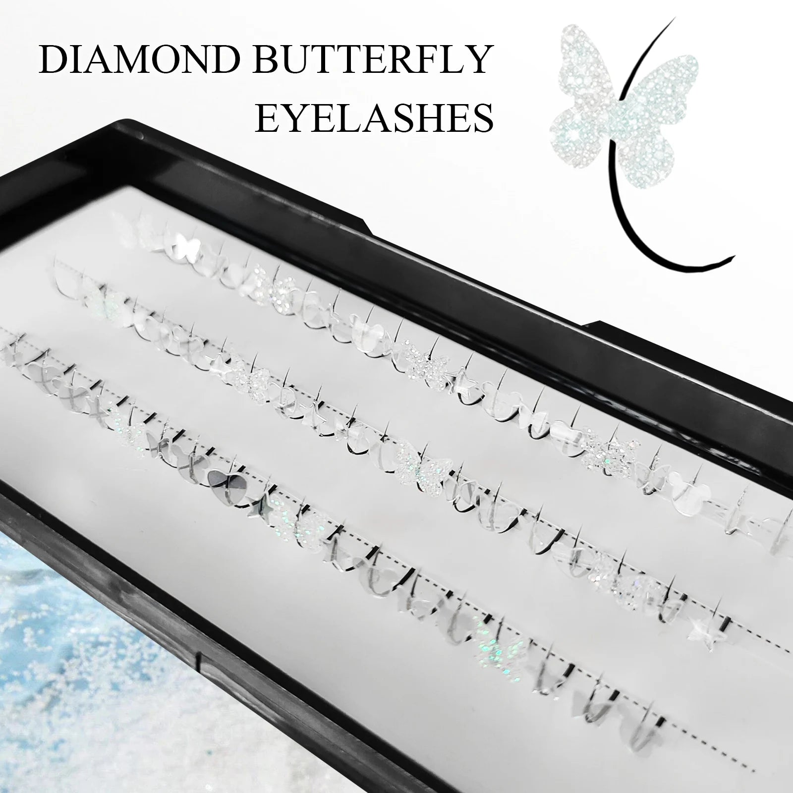 Summer Silvery Butterfly Fairy Eyelashes | Glitter Music Festival Lashes 10-15mm close-up view