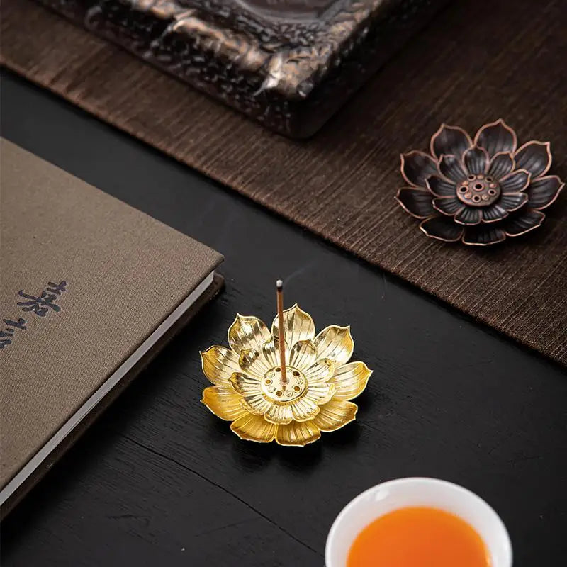 Porous Lotus Zen Line Incense Holder | Retro Metal Sandalwood Burner Tray lifestyle view