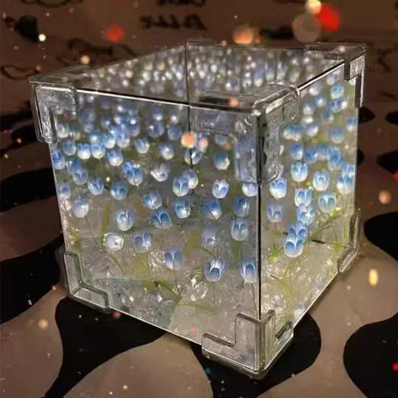 DIY Tulip Mirror Cube Lamp | Handmade Night Light for Bedroom Decor close-up view