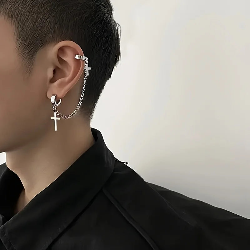 EVISPOL Gothic 2 Punk Cross Tassel Fake Earrings Cuff Clip On Metal Chain Earrings Hip close-up view