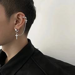 EVISPOL Gothic 2 Punk Cross Tassel Fake Earrings Cuff Clip On Metal Chain Earrings Hip close-up view