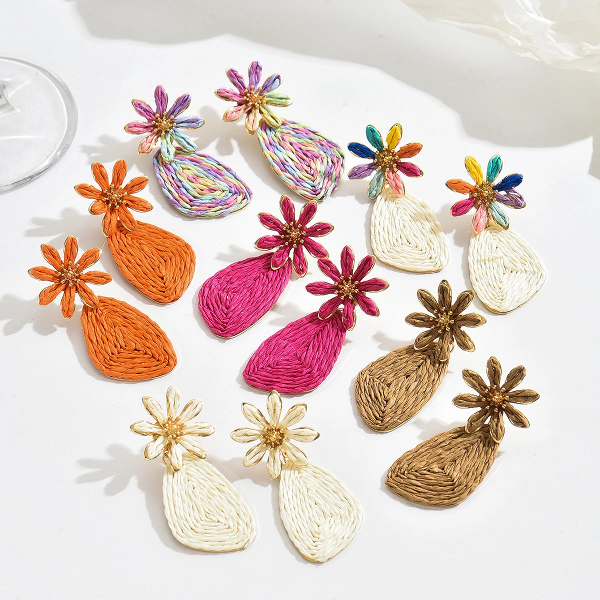 Bohemian Raffia Flower Drop Earrings | Handmade Summer Jewelry close-up view