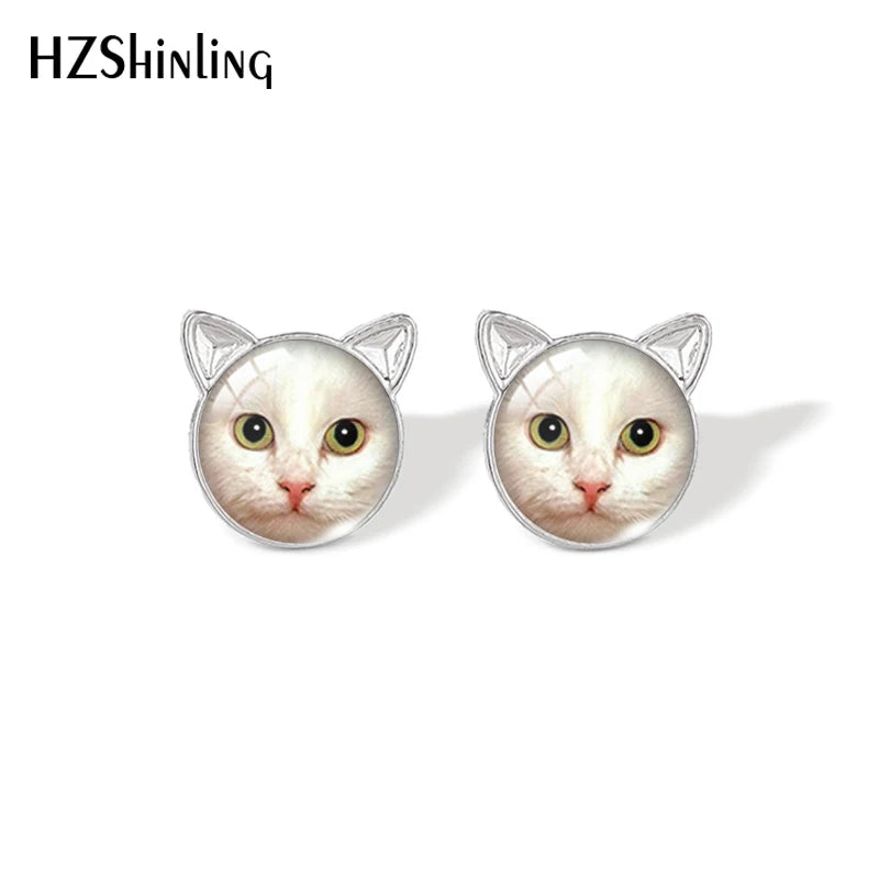 Lovely Cat Face Stud Earrings | Handmade Glass Dome Photo Printed Jewelry for Women alternate view