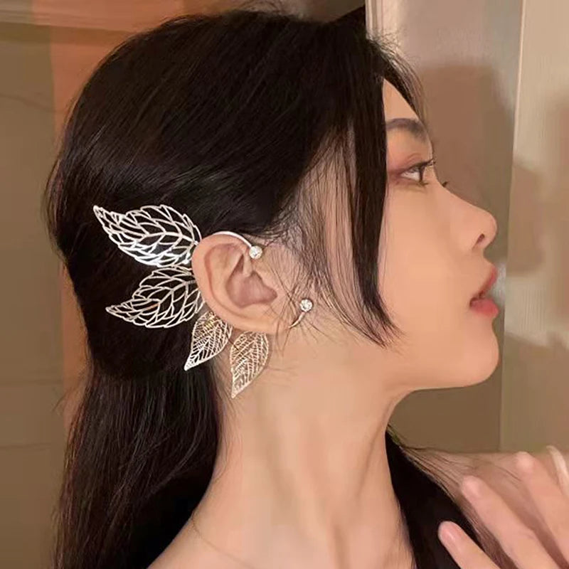 1Pc Chic Elf Ear Cuff Maple Leaf Hollowed Zircon Leaf Cosplay Fairy Earring Clips for Women Girls We