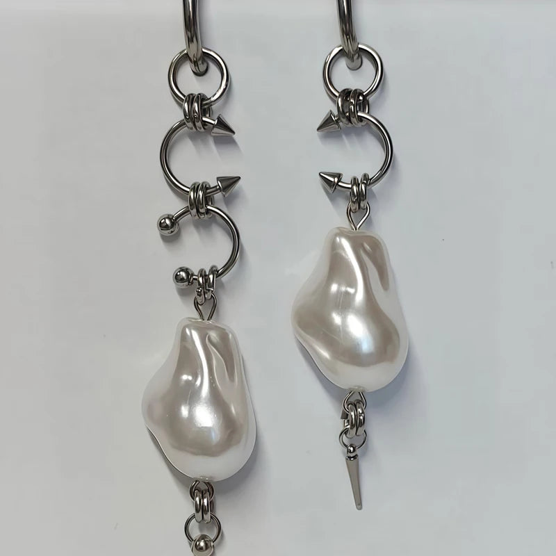 Korean Fashion Irregular Pearl Rivet Earrings for Female Punk Charm Aesthetic Geome additional angle