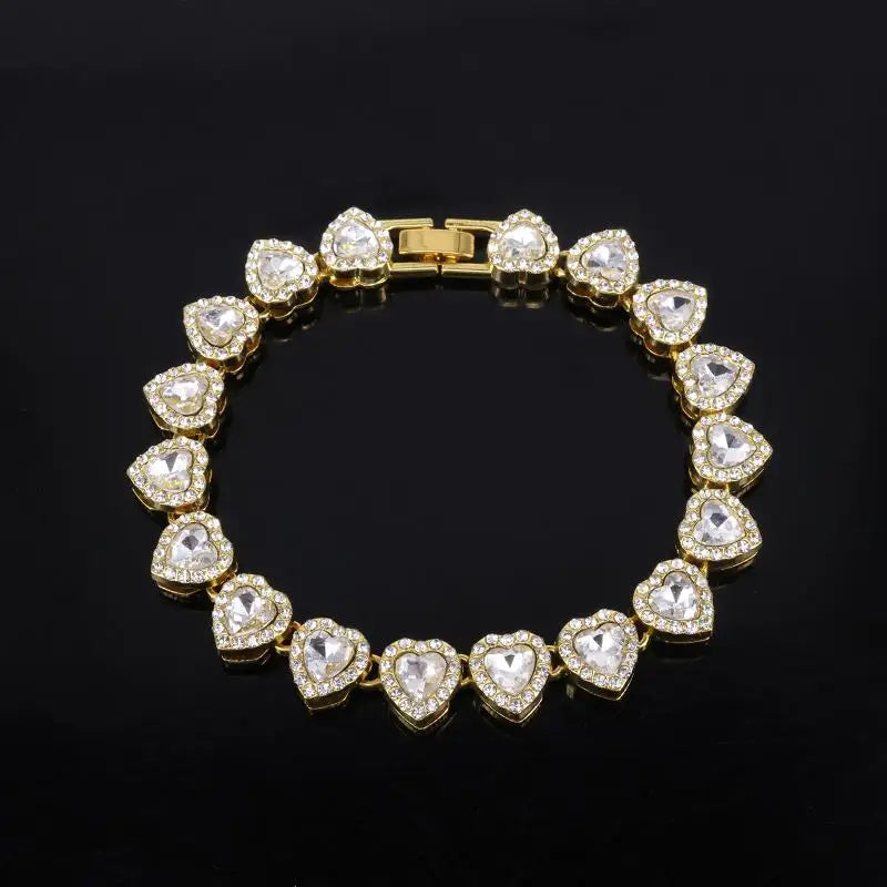 Shiny Heart Rhinestone Hip Hop Chain Necklace and Bracelet Set | Hip Hop Jewelry close-up view