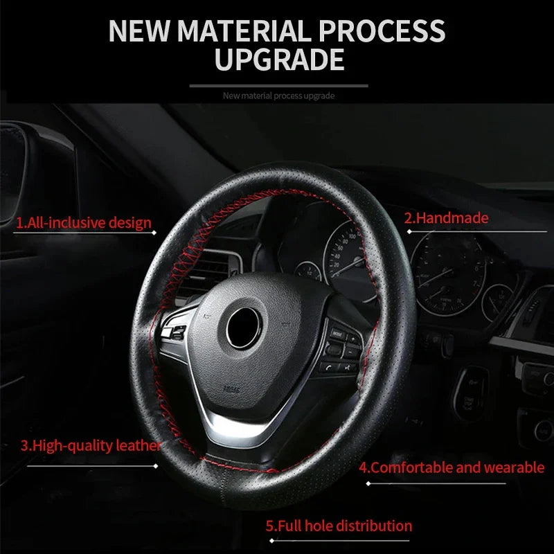 Genuine Leather Steering Wheel Cover, Anti Scratch, 15 Inch detail view