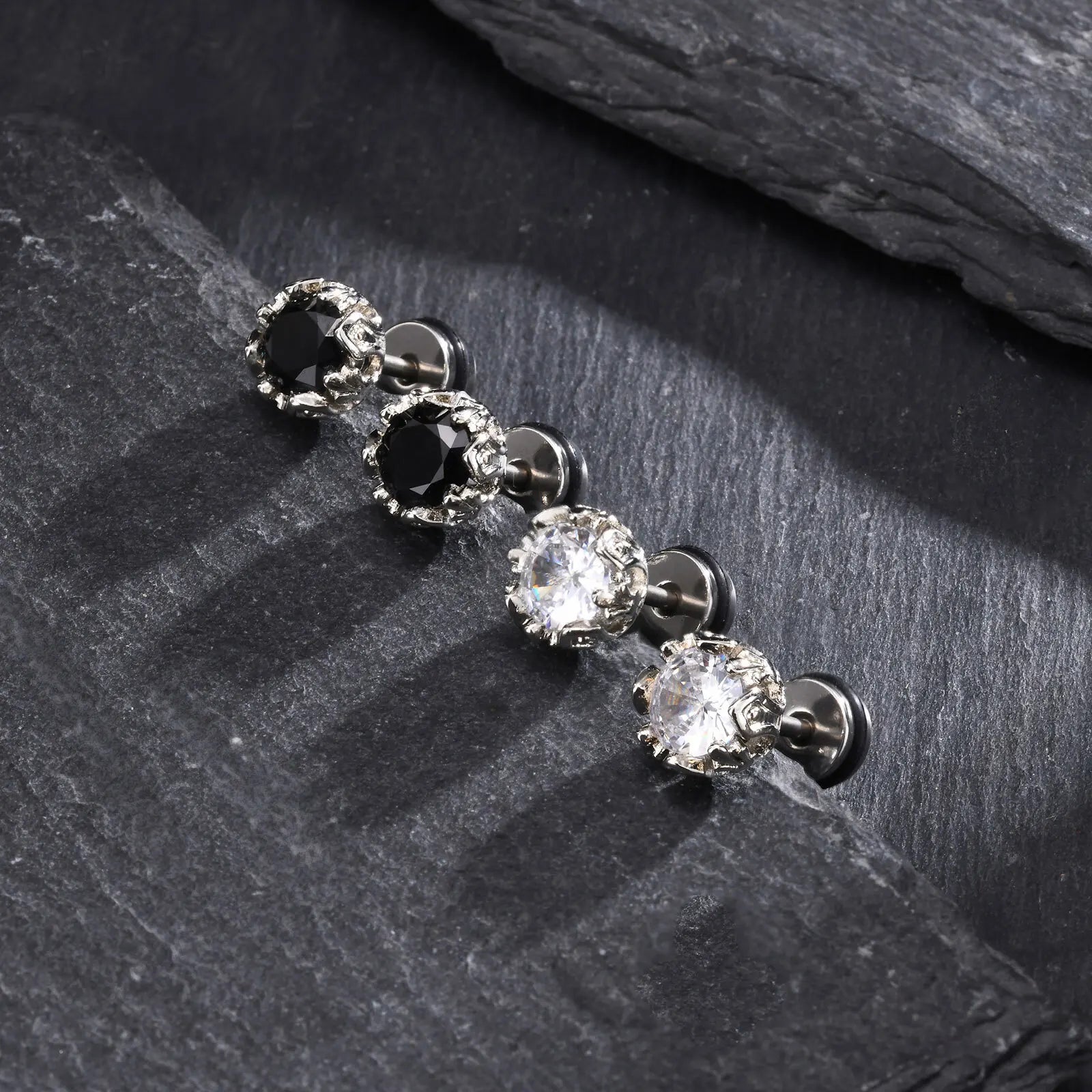 Unisex Black Onyx Screw Stud Earrings | Stainless Steel Retro Earrings for Men and Wo lifestyle view