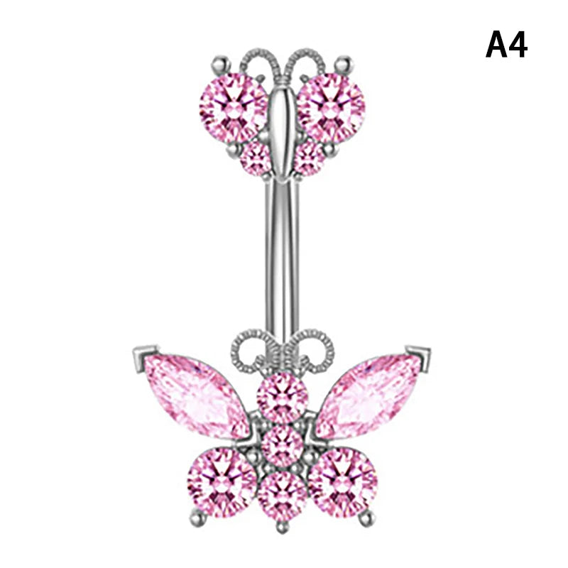 Stainless Steel Butterfly Belly Button Ring High Quality Pink Rhinestone Love Navel P alternate view