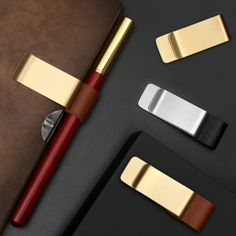 Handmade Leather Brass Stainless Steel Pen Holder Clip Journal Notebook Paper Folder W close-up view