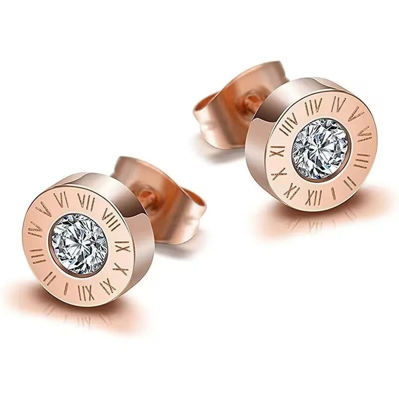 2Pcs 316 Stainless Steel Round Shine AAA CZ Diameter Roman Numeral Stud Earrings For lifestyle view