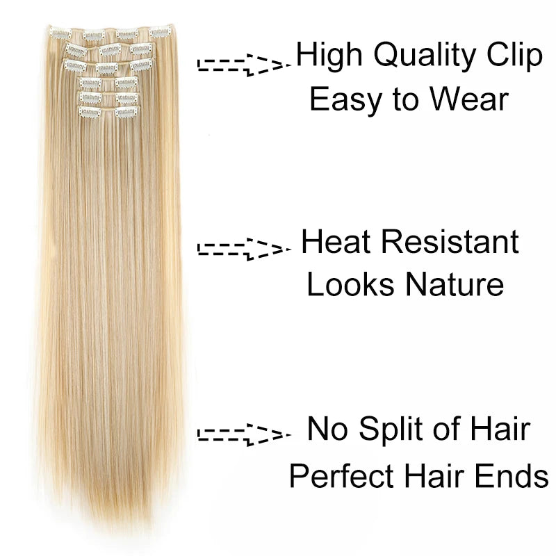 Synthetic 24 Inch Clip In Hair Extensions | Long Straight Blonde Black Heat Resistant lifestyle view