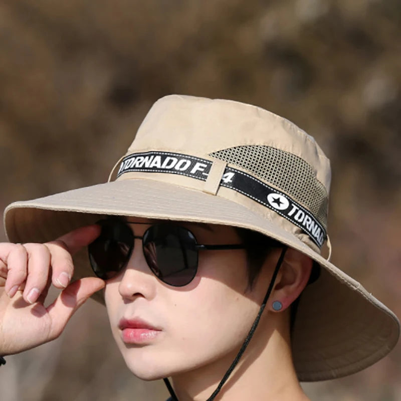 Windproof Men Outdoor Hat | Wide Brim Flat Top Fisherman Hat with Letter Print and An alternate view