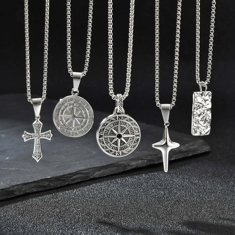 Men's Silver Color Geometric Pendant Necklace, Non Fading Stainless Steel Compass Neckla detail view