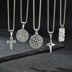 Men's Silver Color Geometric Pendant Necklace, Non Fading Stainless Steel Compass Neckla detail view