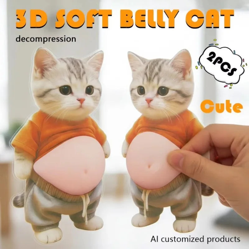 Kawaii Cat Belly Sticker 3D Cute Kitten with Orange Outfit on Pink , Soft Silicone Self-Adhesive Bubble Sticker for Decor, Phone