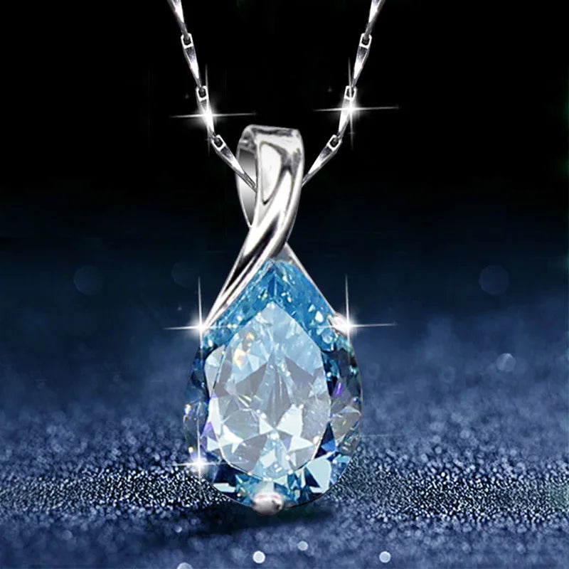 LiHong S925 Sterling Silver Necklace Angel Tears Crystal Blue Topaz Pendant Necklace for Woman Charm