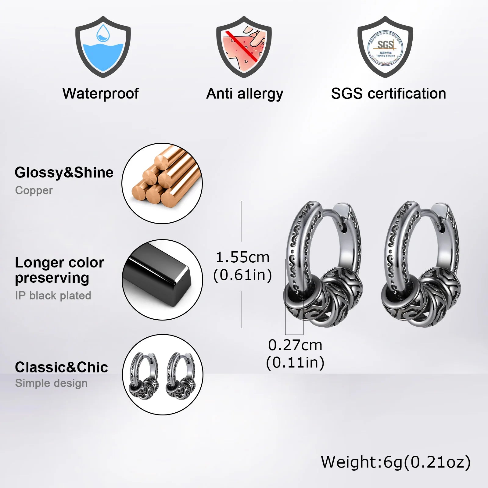 Vintage Totem Vine Pattern Hoop Earrings for Men, Hypoallergenic Metal Huggies Earr additional angle