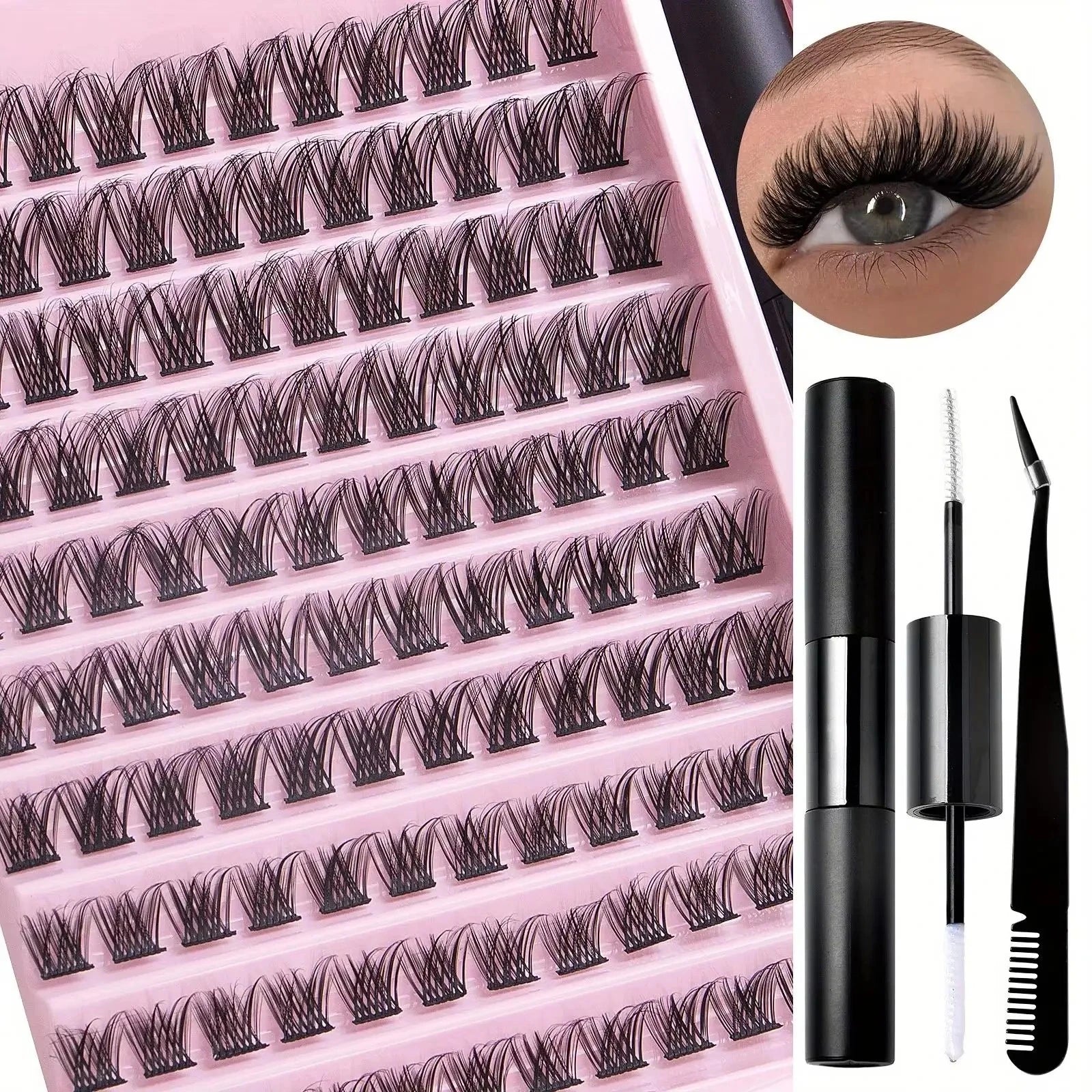 DIY Lash Extension Kit with Waterproof Strong Hold Lash Bond And Seal Lash Clusters Plus Eyelash Tweezers