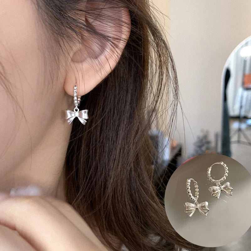 PANJBJ 925 Sterling Silver Bow Knot Earring for Women Texture Tassels Sweet Romanti additional angle