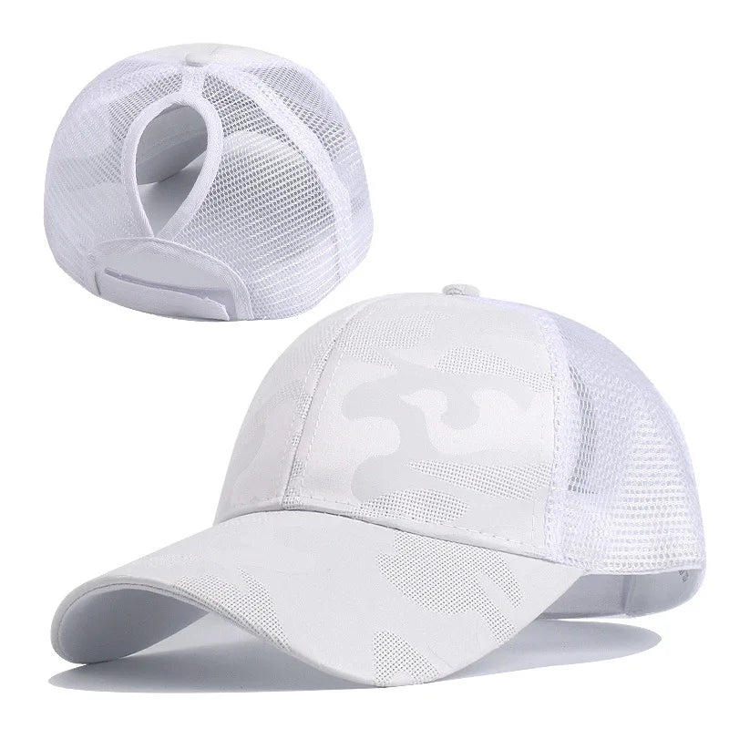 Camouflage Mesh Trucker Hat for Women | Snapback Cap with Ponytail Hole additional angle